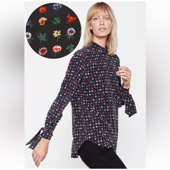 Equipment France Aurora multi floral black silk blouse mock neck bow top XL - Picture 9 of 10